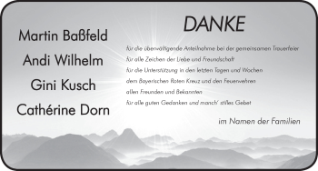 Traueranzeige von Martin Baßfeld und Andi Wilhelm Gini Kusch und Cathérine Dorn von Pegnitz-Zeitung